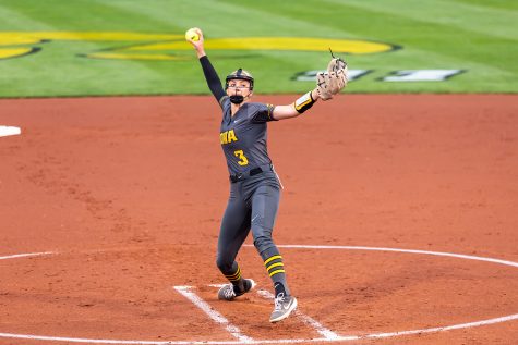 Iowa right-hand pitcher Allison Doocy pitches the ball during the Iowa Softball game against Illinois on May 14, 2021 at Bob Pearl Field. Iowa defeated Illinois 3-1. 