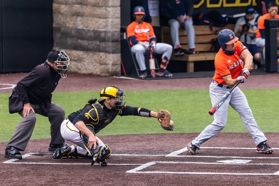 Iowa catcher Brett McCleary catches the ball during the Iowa Baseball game against Illinois on May 15, 2021 at Duane Banks Field. Illinois defeated Iowa 14-1. 