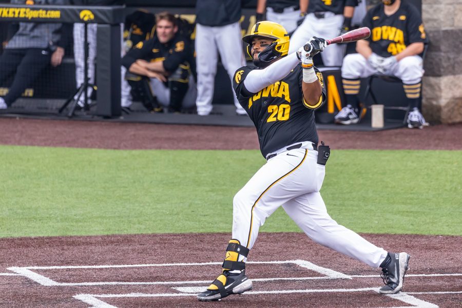 Iowa infielder Izaya Fullard hits the ball during the Iowa Baseball game against Illinois on May 15, 2021 at Duane Banks Field. Illinois defeated Iowa 14-1. 