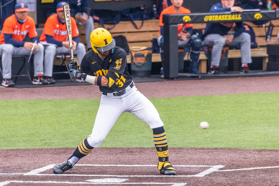 Iowa infielder Matthew Sosa looks to swing at the ball during the Iowa Baseball game against Illinois on May 15, 2021 at Duane Banks Field. Illinois defeated Iowa 14-1. 