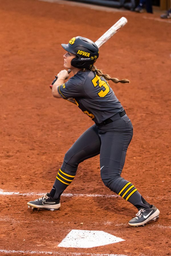 Iowa outfielder Riley Sheehy watches to see if her hit is in bounds during the Iowa Softball game against Illinois on May 14, 2021 at Bob Pearl Field. Iowa defeated Illinois 3-1. 