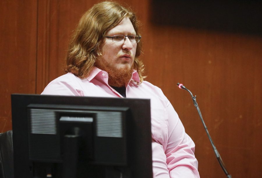 Logan Collins testifies during the trial of Cristhian Bahena Rivera at the Scott County Courthouse in Davenport, Iowa, on Thursday, May 20, 2021.  Bahena Rivera is charged with first-degree in the death of Mollie Tibbetts. Collins recorded footage from his security cameras that law enforcement officers used in their investigation. (Jim Slosiarek/The Gazette)