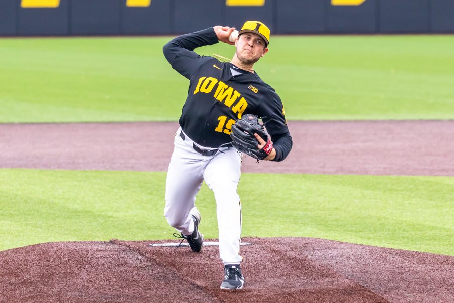 Iowa right-hand pitcher Ben Probst pitches the ball during the Iowa Baseball game against Illinois on May 15, 2021 at Duane Banks Field. Illinois defeated Iowa 14-1. 