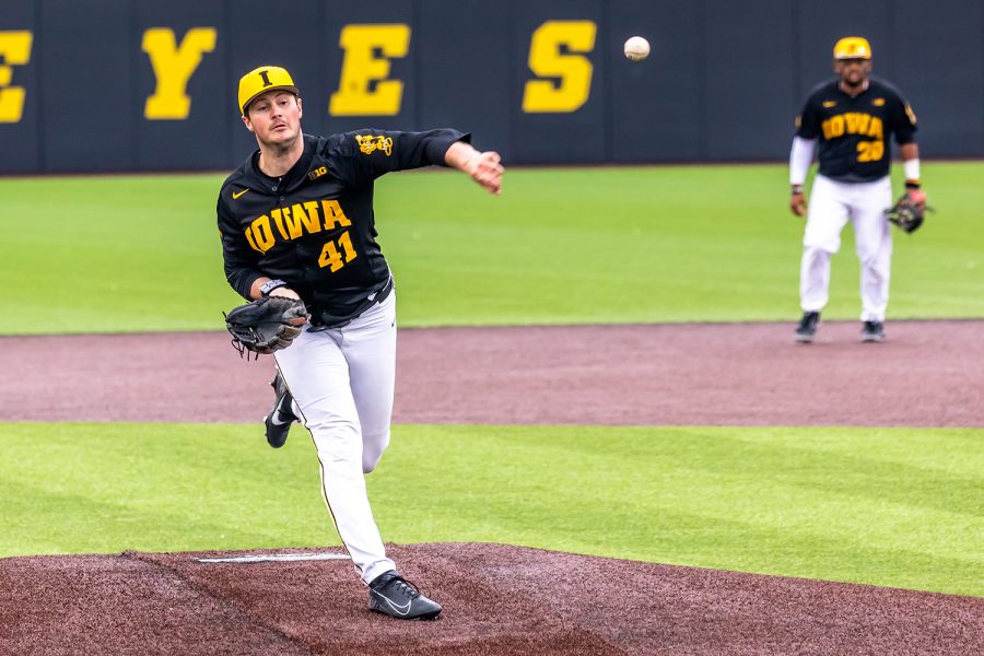 Iowa left-hand pitcher Jack Radford pitches the ball during the Iowa Baseball game against Illinois on May 15, 2021 at Duane Banks Field. Illinois defeated Iowa 14-1. 