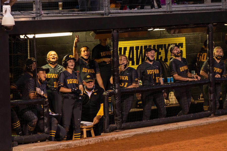 The Iowa Hawkeyes sing Happy Birthday to teammate Nia Carter during the Iowa Softball game against Illinois on May 14, 2021 at Bob Pearl Field. Iowa defeated Illinois 3-1. 