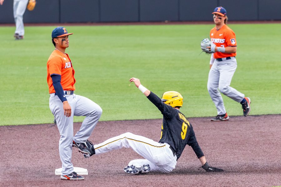 Iowa outfielder Ben Norman slides into second base during the Iowa Baseball game against Illinois on May 15, 2021 at Duane Banks Field. Illinois defeated Iowa 14-1. 