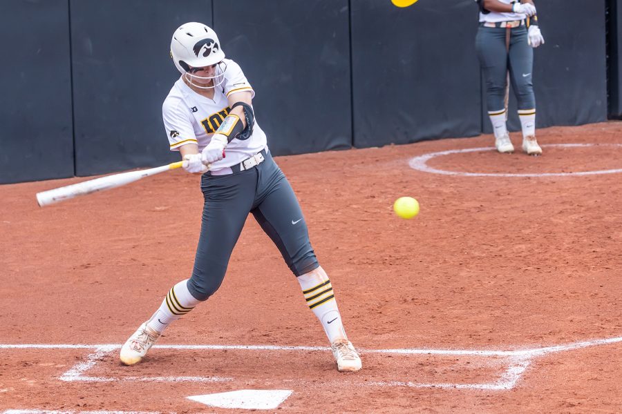 Iowa utility player Denali Loecker swings at the ball during the Iowa Softball senior game against Illinois on May 16, 2021 at Bob Pearl Field. Iowa defeated Illinois 4-3. 