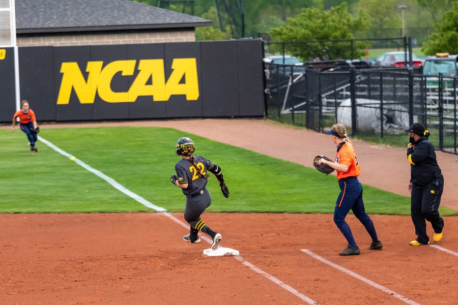 Iowa utility player Brylee Klosterman makes it to first base during the Iowa Softball game against Illinois on May 14, 2021 at Bob Pearl Field. Iowa defeated Illinois 3-1. 