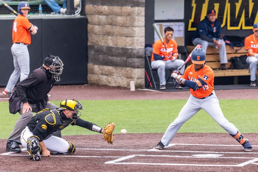 Iowa catcher Austin Martin catches the ball during the Iowa Baseball game against Illinois on May 15, 2021 at Duane Banks Field. Illinois defeated Iowa 14-1.