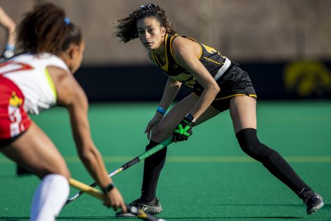 Iowa forward Ciara Smith watches for the ball during the fourth quarter of a field hockey game against Maryland on Friday, April 2, 2021 at Grant Field. The Hawkeyes were defeated by the Terrapins, 1-0. With two minutes left in the game, Iowa took their goalkeeper off the field in favor of adding another player on offense. 