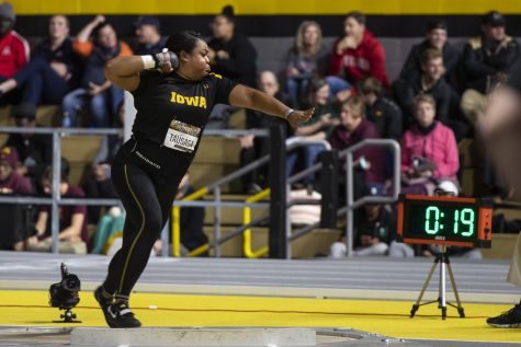 Iowa thrower Laulauga Tausaga competes in the women’s shot put premiere during the fourth annual Larry Wieczorek Invitational at the University of Iowa Recreation Building on Friday, Jan 17, 2020. Tausaga’s 16.72m throw earned her sixth place, behind five throwers who surpassed the previous meet record of 17.13m. 