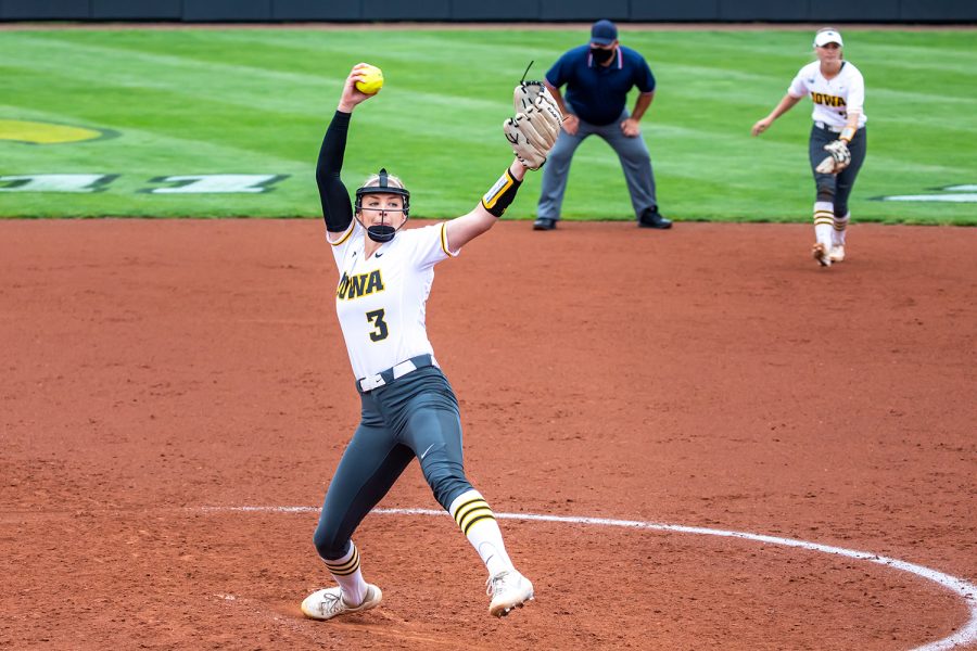 Iowa right-hand pitcher Allison Doocy pitches the ball during the Iowa Softball senior game against Illinois on May 16, 2021 at Bob Pearl Field. Iowa defeated Illinois 4-3. (Casey Stone/The Daily Iowan)