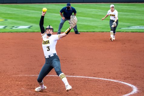 Iowa right-hand pitcher Allison Doocy pitches the ball during the Iowa Softball senior game against Illinois on May 16, 2021 at Bob Pearl Field. Iowa defeated Illinois 4-3. (Casey Stone/The Daily Iowan)