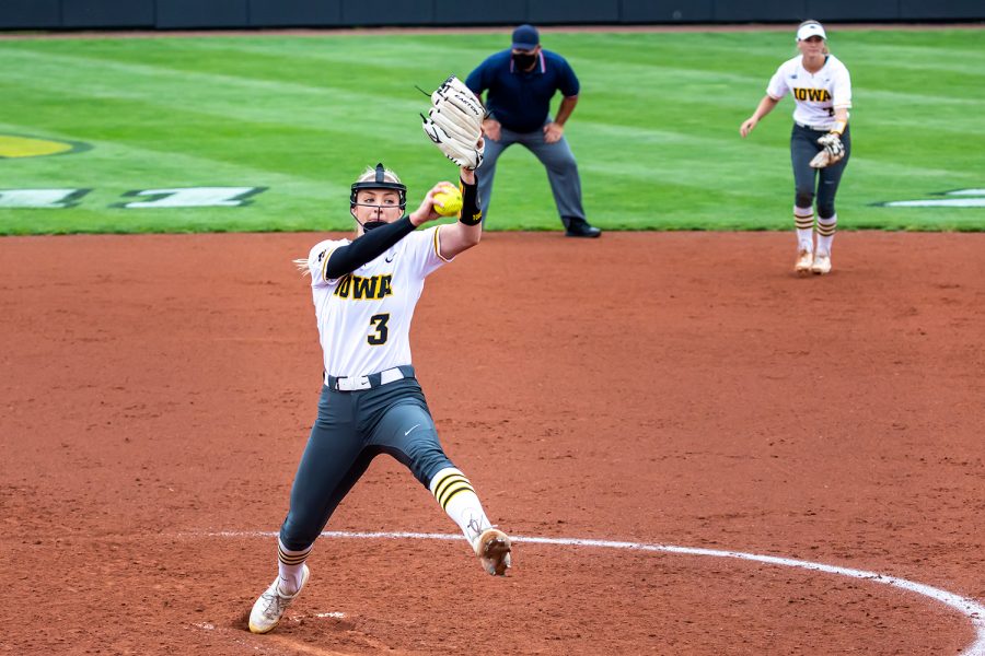 Iowa right-hand pitcher Allison Doocy pitches the ball during the Iowa Softball senior game against Illinois on May 16, 2021 at Bob Pearl Field. Iowa defeated Illinois 4-3. (Casey Stone/The Daily Iowan)