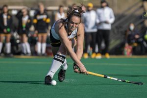 Iowa defender Anthe Nijziel sweeps the ball during the Big Ten field hockey tournament semifinals against No. 1 Michigan on Thursday, April 22, 2021 at Grant Field. The Hawkeyes were defeated by the Wolverines, 0-2. Michigan will go on to play against No. 7 Ohio State in the championships on Saturday.