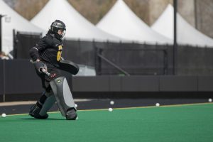 Iowa goalkeeper Grace McGuire practices before the Big Ten field hockey tournament semifinals against No. 1 Michigan on Thursday, April 22, 2021 at Grant Field. The Hawkeyes were defeated by the Wolverines, 0-2. Michigan will go on to play against No. 7 Ohio State in the championships on Saturday. 