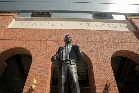 The statue of Nile Kinnick is seen outside of Kinnick Stadium on May 5, 2021. 