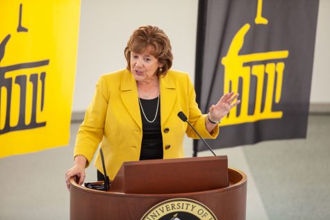 The new University of Iowa President Barbara Wilson speaks to reporters at a press conference in the Levitt Center for University Advancement on April 30, 2021. Wilson becomes the 22nd president for the University of Iowa and was previously the Executive Vice President and Vice President for Academic Affairs for the University of Illinois.