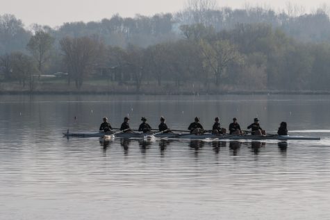 On the lake on Saturday, April 24, 2021. University of Iowa 2 Novice 8 rowing team gets an early warmup. The Hawkeyes won with a time of 7:14.50. 