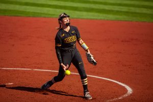 Iowa’s Allison Doocy pitches during a softball game between Iowa and Northwestern at Bob Pearl Softball Field on Saturday, April 17, 2021. The Wildcats defeated the Hawkeyes 9-7. 