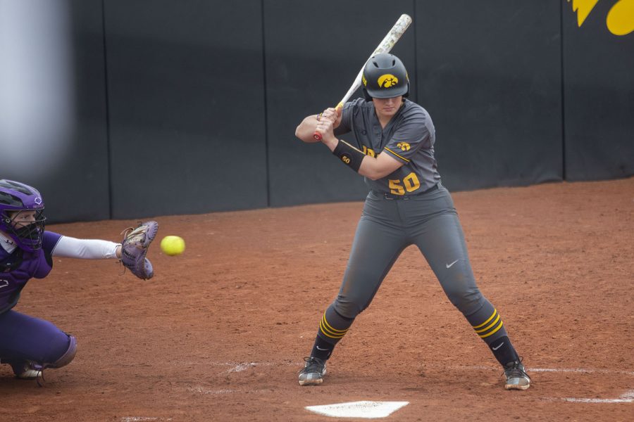 Iowa infielder, Kalena Burns, attempts to hit the ball during the Iowa softball game v. Northwestern at Pearl Field on Friday, April 16, 2021. The Wildcats defeated the Hawkeyes with a score of 7-0. (Grace Smith/The Daily Iowan)