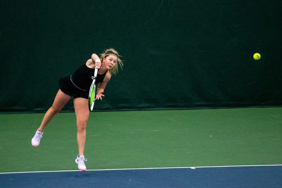 Iowa’s Alexa Noel returns the ball during a women's tennis meet at the Hawkeye Tennis and Recreation Complex on Thursday, Feb. 26, 2021. The Hawkeyes defeated the Hoosiers with a score of 4-3. 