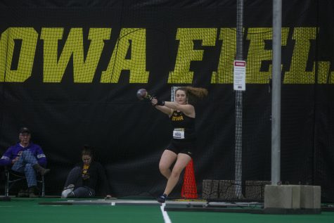 Iowa thrower Amanda Howe competes in the women’s weight throw during the Hawkeye Invitational at the Hawkeye Tennis and Recreation Complex on Friday, Jan 10, 2020. Howe won the event with a throw of 18.89m. 