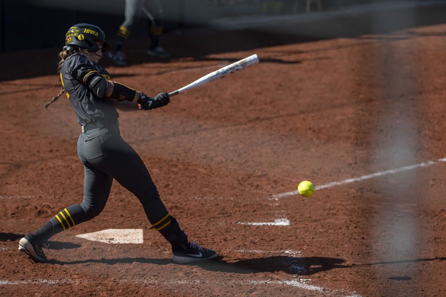 Iowa utility player Brylee Klosterman hits the ball during a softball game against Nebraska on Friday, May 7, 2021 at Pearl Field. The Hawkeyes defeated the Huskers, 1-0.