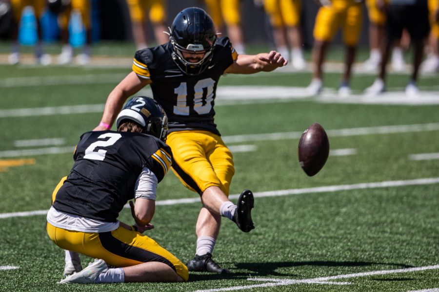 Iowa placekicker Caleb Shudak attempts a field goal during a spring practice for Iowa football at Kinnick Stadium on Saturday, May 1, 2021. 