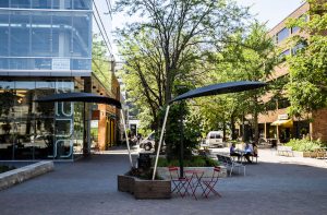 New shade structures at the pedestrian mall on Wednesday, June 16, 2021.The new shade structures are a collaboration between the Iowa City Downtown District, artist and architect Michael LeClare, Dan Kuenzi of City Construction Lacy Sexton of Sexton Design. 