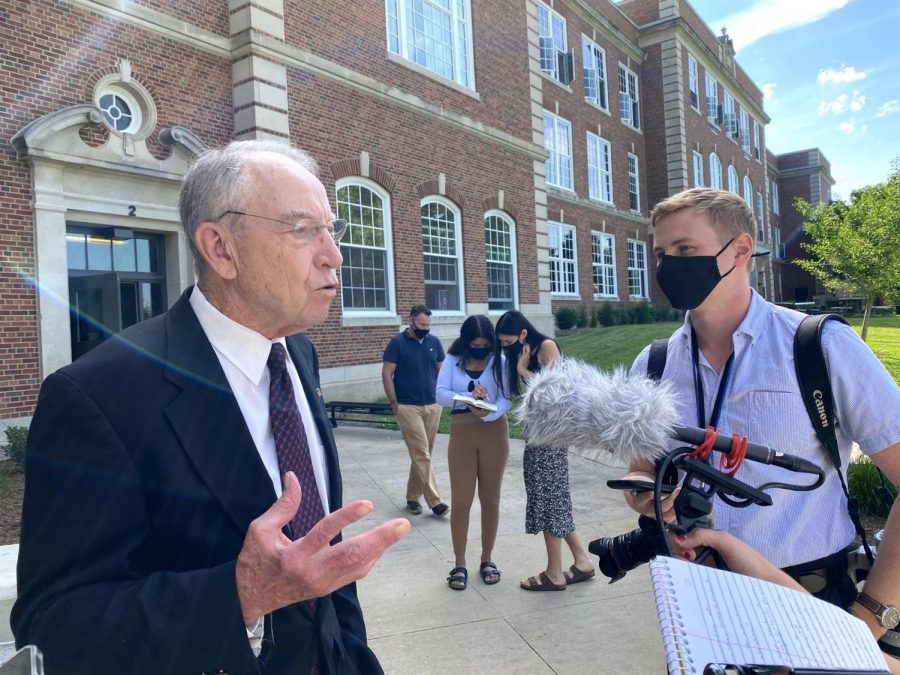 Sen.+Chuck+Grassley+speaks+with+reporters+outside+of+Iowa+City+High+School+after+a+Q%26A+session+with+students+on+June+2%2C+2021.