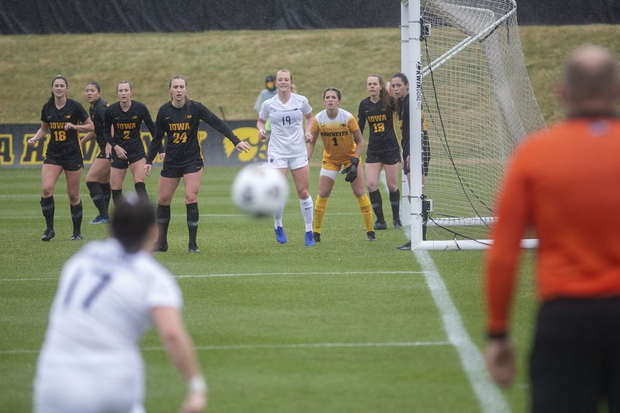 Penn State midfielder, Sam Coffey, kicks the ball during a corner kick during the Iowa women’s soccer match v. Penn State at the Iowa Soccer Complex on Thursday, March 25, 2021. The Nittany Lions defeated the Hawkeyes 1-0.
