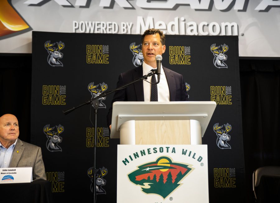 Minnesota Wild General Manager Bill Guerin talks at press conference held at the Xtream Arena on Thursday June,17, 2021. Guerin was in Coralville to announce the new affiliation with the NHL, Minnesota Wild and the Coralville ECHL team Heartlanders hockey team.