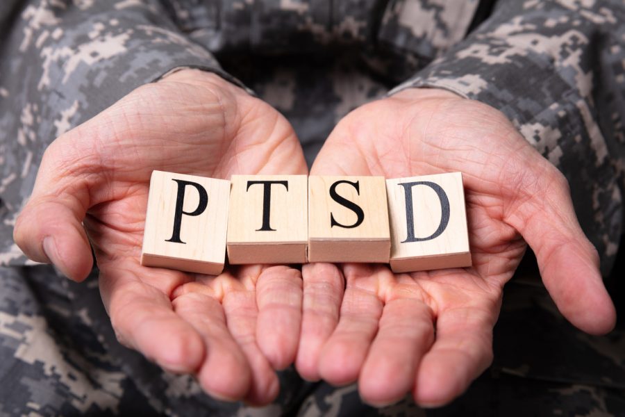 Close-up+Of+Male+Soldier+In+Military+Uniform+Holding+Wooden+Cubes+With+PTSD+Text