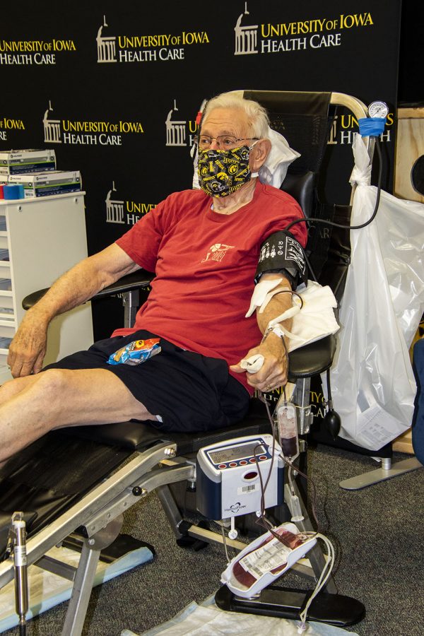 Ken Royar relaxes while donating blood on Friday, June, 25, 2021. 