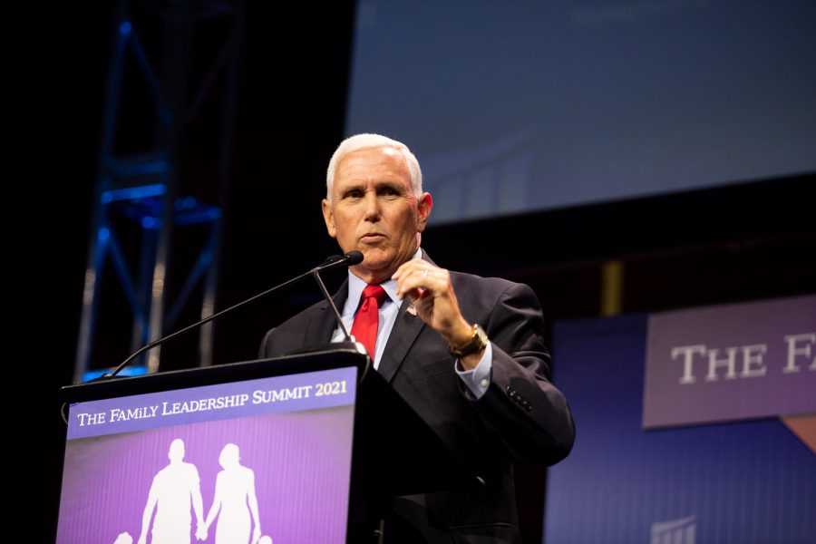 Former Vice President Mike Pence addresses the crowd during The Family Leadership Summit in Des Moines on Friday, July 16, 2021. Pence said his favorite encounters with Americans were when people mentioned they were praying for him.  