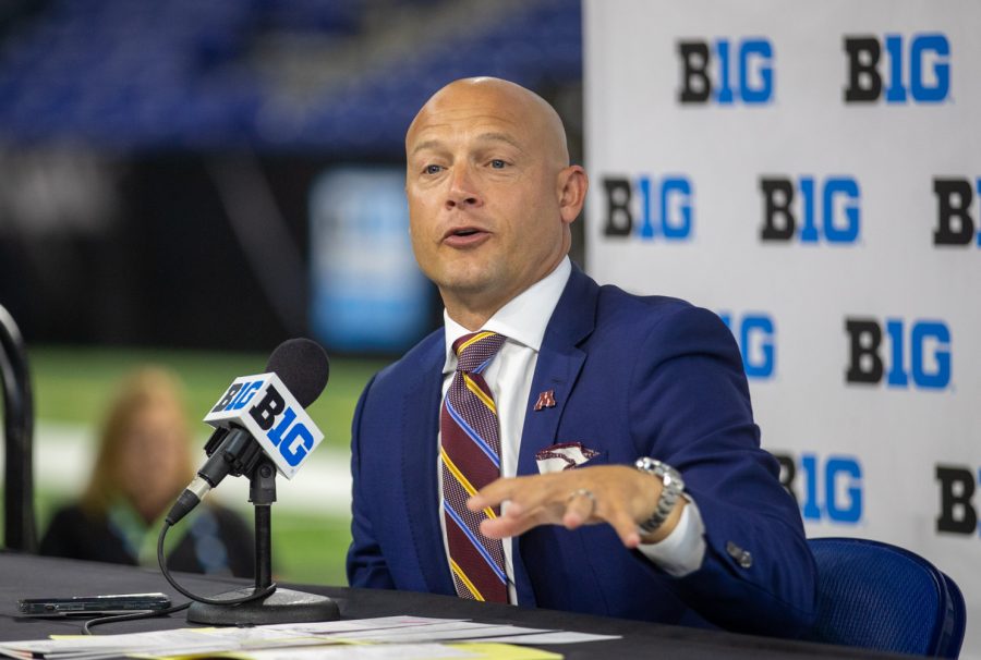 Minnesota head coach P.J. Fleck answers questions during day one of Big Ten Media Days at Lucas Oil Stadium in Indianapolis, Indiana, on Thursday, July 22. 