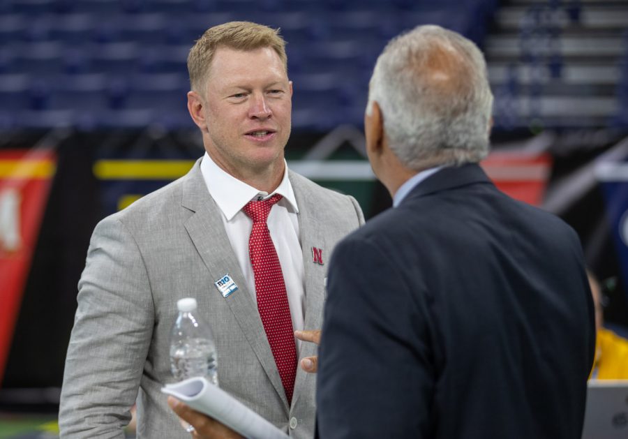 Nebraska head coach Scott Frost talks with Big Ten Network football analyst Gerry DiNardo during day one of Big Ten Media Days at Lucas Oil Stadium in Indianapolis, Indiana, on Thursday, July 22. 