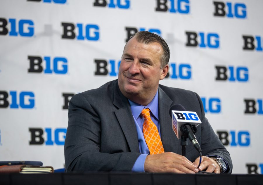 Illinois head coach Bret Bielema listens to a question during day one of Big Ten Media Days at Lucas Oil Stadium in Indianapolis, Indiana, on Thursday, July 22. 