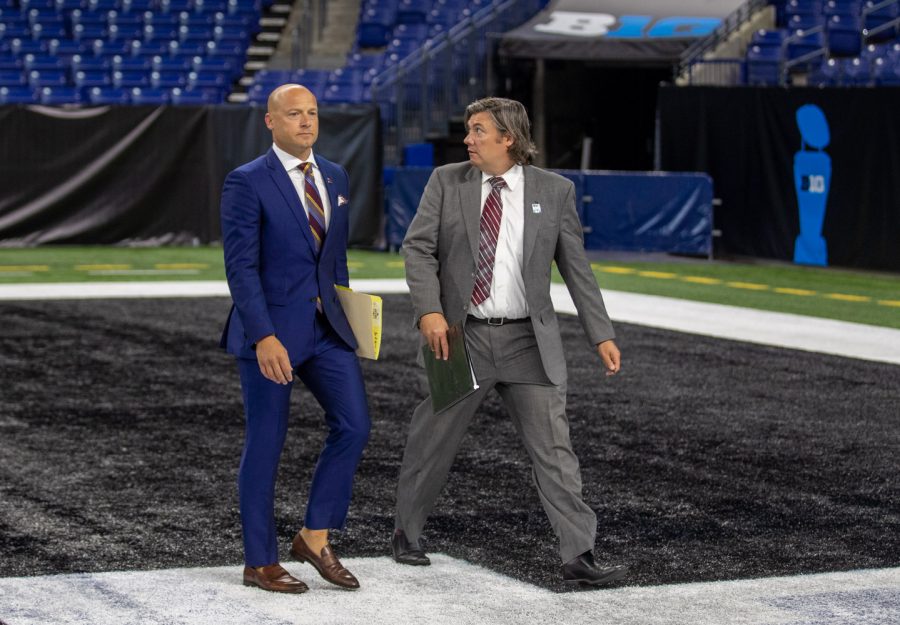 Minnesota head coach P.J. Fleck walks off the field during day one of Big Ten Media Days at Lucas Oil Stadium in Indianapolis, Indiana, on Thursday, July 22. 