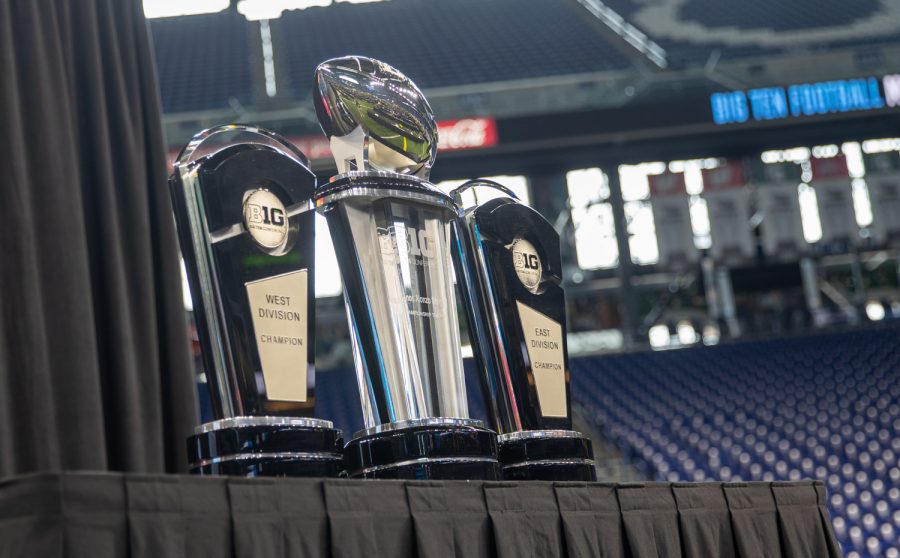 The Big Ten Championship Trophy is shown during day one of Big Ten Media Days at Lucas Oil Stadium in Indianapolis, Indiana, on Thursday, July 22. 