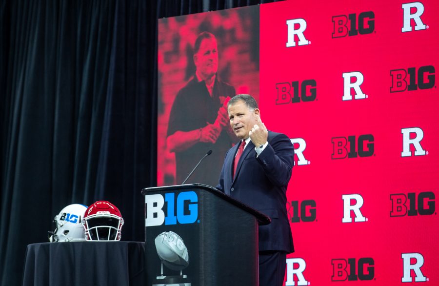 Rutgers head coach Greg Schiano speaks with media during day two of Big Ten Media Days at Lucas Oil Stadium in Indianapolis, Indiana, on Friday, July 23. 