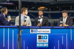 Iowa players Zach VanValkenburg, Tyrone Tracy Jr., and Tyler Linderbaum discuss Iowa football on Big Ten Network during day two of Big Ten Media Days at Lucas Oil Stadium in Indianapolis, Indiana, on Friday, July 23. 