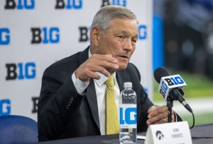 Iowa head coach Kirk Ferentz answers reporters during day two of Big Ten Media Days at Lucas Oil Stadium in Indianapolis, Indiana, on Friday, July 23. Ferentz said the vaccine is optional for the Hawkeyes and they won’t force players to do something they are uncomfortable with. 