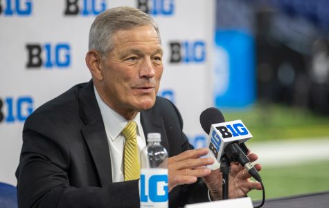 Iowa head coach Kirk Ferentz answers a question during day two of Big Ten Media Days at Lucas Oil Stadium in Indianapolis, Indiana, on Friday, July 23. (Jerod Ringwald/The Daily Iowan)