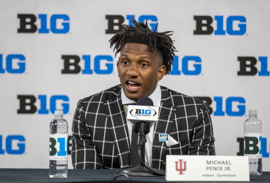 Indiana quarterback Michael Penix Jr. answers questions during day two of Big Ten Media Days at Lucas Oil Stadium in Indianapolis, Indiana, on Friday, July 23. (Jerod Ringwald/The Daily Iowan)