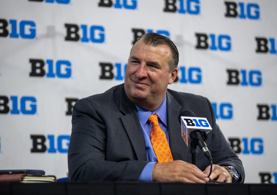 University+of+Illinois+head+football+coach+Bret+Bielema+speaks+during+Day+1+of+the+2021+Big+Ten+Media+Days+at+Lucas+Oil+Stadium+in+Indianapolis%2C+Indiana%2C+on+July+22%2C+2021.