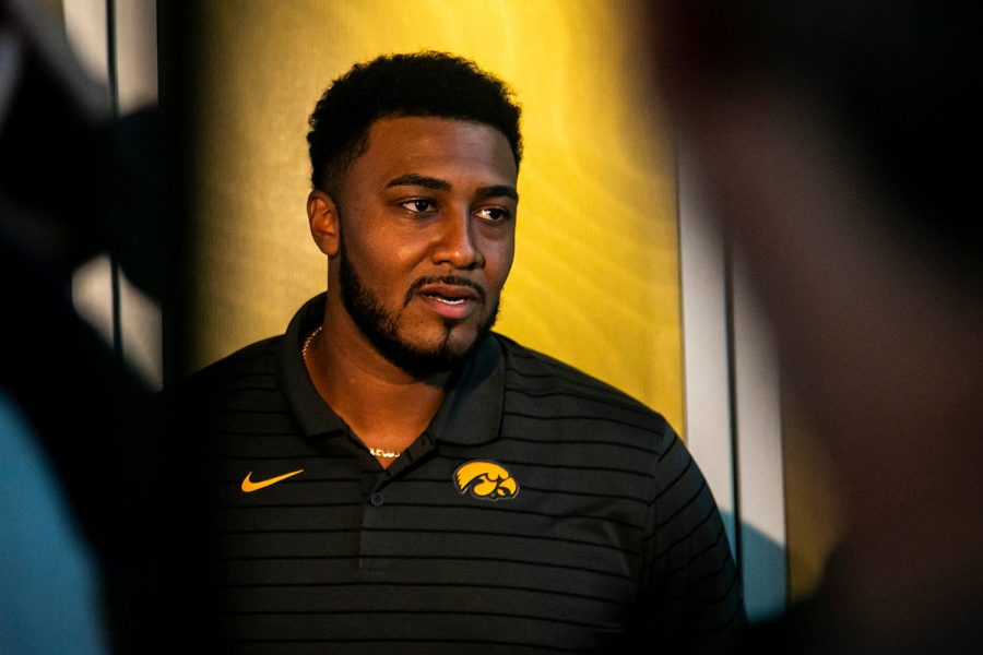 Iowa director of player development Jason Manson speaks to reporters during a Hawkeyes football summer media availability, Wednesday, July 14, 2021, at Kinnick Stadium in Iowa City, Iowa.