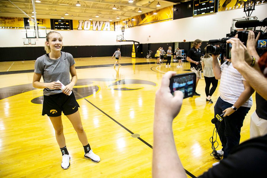 Iowa guard Kylie Feuerbach speaks to reporters after a summer Hawkeyes womens basketball practice, Thursday, July 1, 2021, at Carver-Hawkeye Arena in Iowa City, Iowa.
