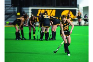 Iowa Forward Maddy Murphy walks the ball to the corner before a penalty corner during a field hockey game between Iowa and Michigan State at Grant Field on Friday, March 26, 2021. The Hawkeyes defeated the Spartans 5-0. 
